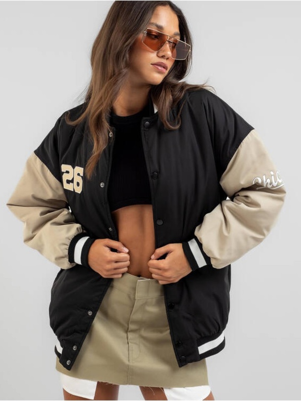 Black and Beige Varsity Jacket - Women's Letterman Style